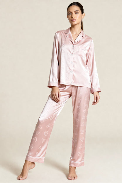 Women's pajama set with satin jacquard heart pattern, shirt and pants with elastic waistband