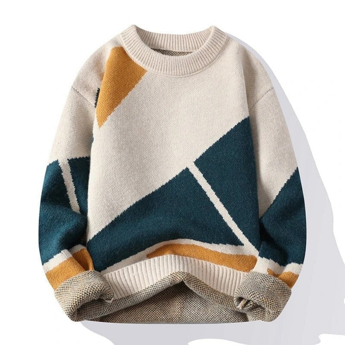 Geometrischer Strickpullover in Beige, Blau und Gelb, Unisex-Design, modischer Herbst-Winter-Look, weiches Material, lässiger Stil.