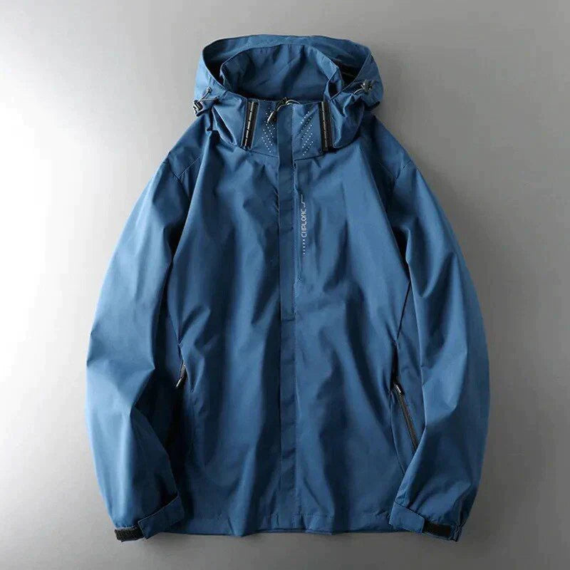 Blauer Herren-Windbreaker mit Kapuze, wasserabweisend, Reißverschluss, Outdoor-Jacke, ideal für Wandern und Freizeitaktivitäten.