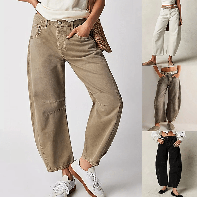Damen-Jeans in verschiedenen Farben: Beige, Weiß, Schwarz. Weite Passform, hoher Bund, modisch, bequem. Perfekt für Freizeit und Alltag.