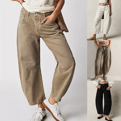 Damen-Jeans in verschiedenen Farben: Beige, Weiß, Schwarz. Weite Passform, hoher Bund, modisch, bequem. Perfekt für Freizeit und Alltag.