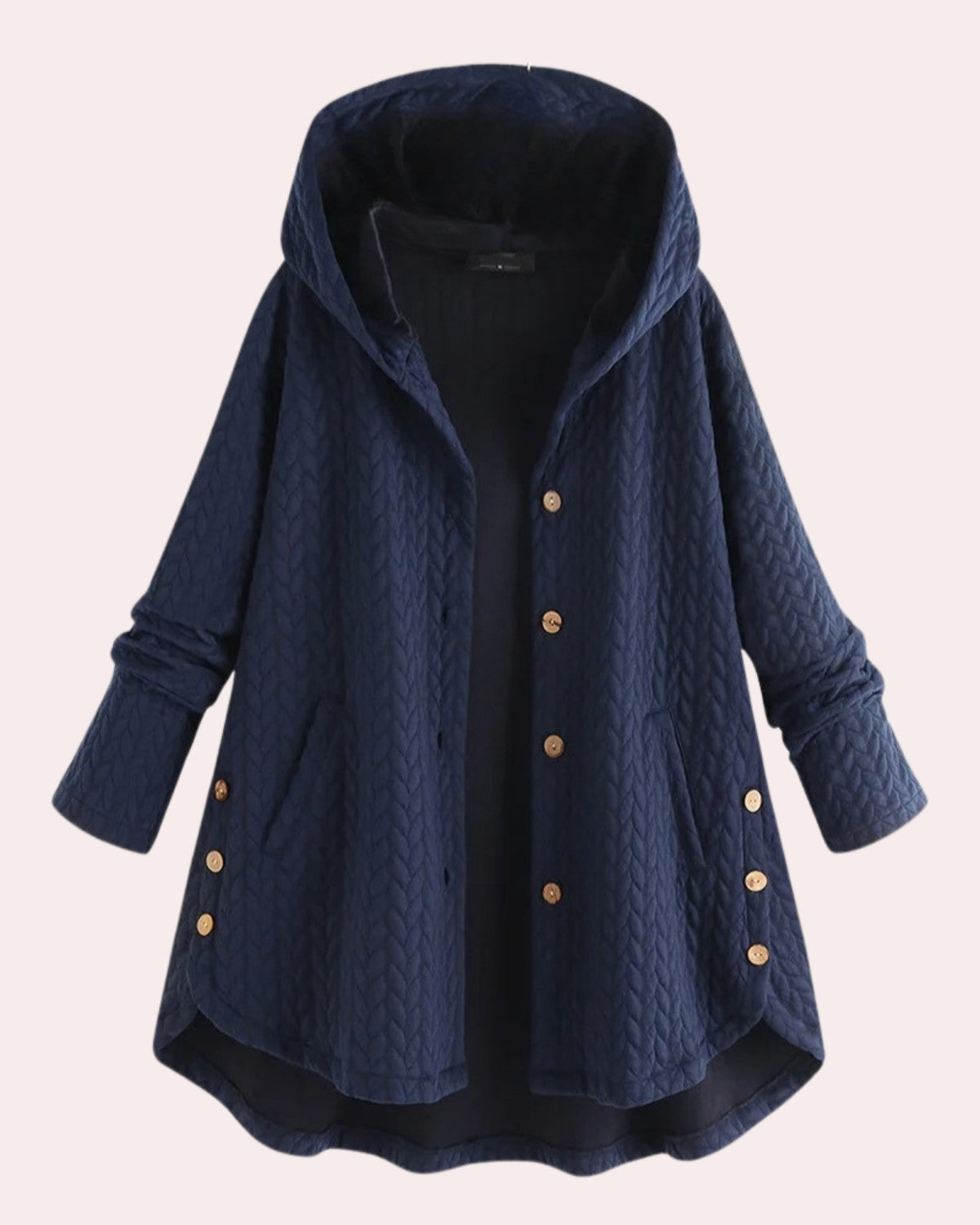 Dunkelblaue gesteppte Damenjacke mit Kapuze, Knopfleiste und Taschen. Modische Herbstjacke, ideal für kühle Tage. Bequeme und stilvolle Oberbekleidung.