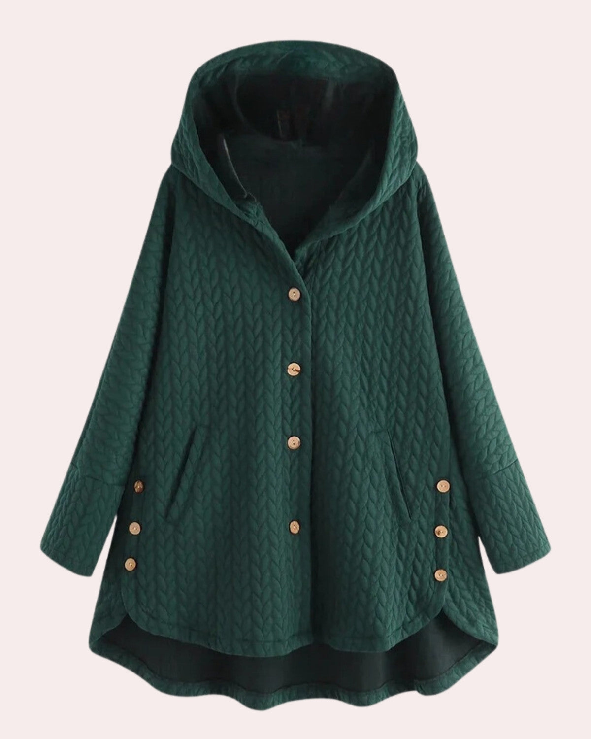 Grüne Damenjacke mit Kapuze, Knopfleiste und Taschen, gesteppter Stoff, modisches Design, ideal für Herbst und Winter, bequeme Passform.