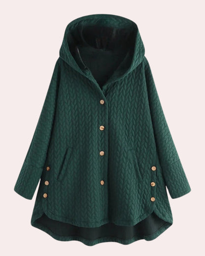 Grüne Damenjacke mit Kapuze, Knopfleiste und Taschen, gesteppter Stoff, modisches Design, ideal für Herbst und Winter, bequeme Passform.