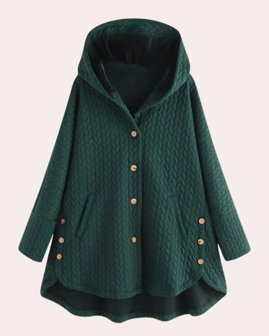 Grüne Damenjacke mit Kapuze, Knopfleiste und Taschen, gesteppter Stoff, modisches Design, ideal für Herbst und Winter, bequeme Passform.