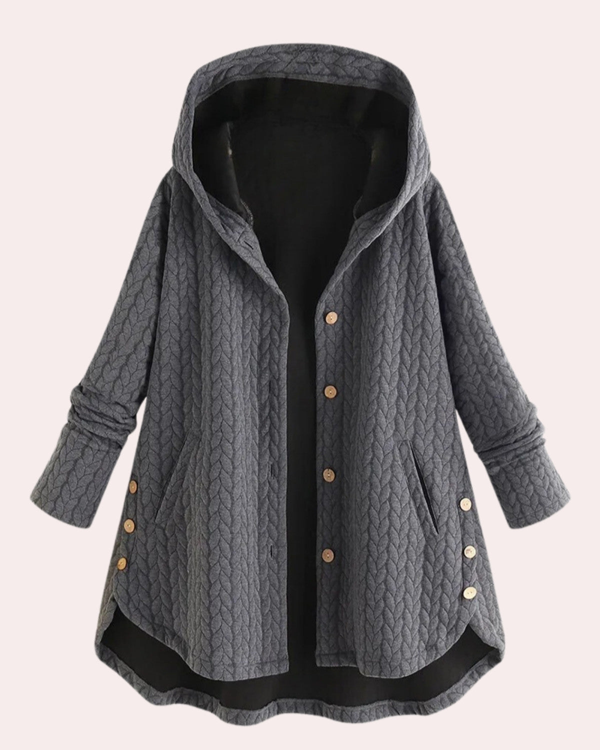 Grauer Damenmantel mit Kapuze, Knopfleiste und Seitentaschen. Modischer, gesteppter Stoff, ideal für Herbst und Winter. Bequeme, warme Jacke.