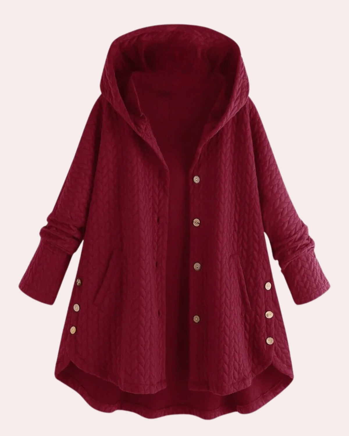 Roter Damenmantel mit Kapuze, Knopfleiste und Taschen, gesteppter Stoff, modisch und warm, ideal für Herbst und Winter.