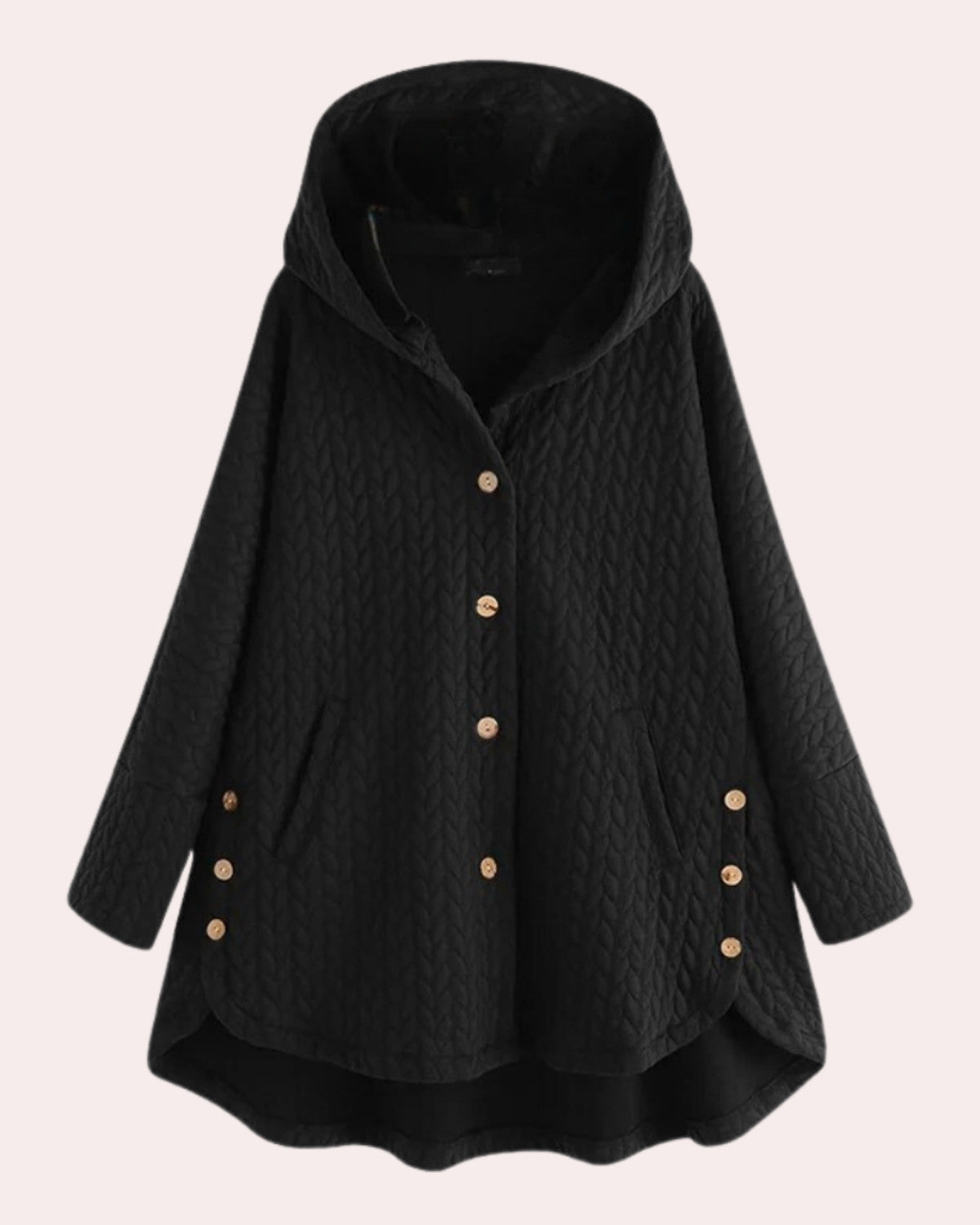 Schwarzer Damenmantel mit Kapuze, Knopfleiste und Taschen, elegantes Design, ideal für Herbst und Winter. Modischer, warmer Strickmantel.