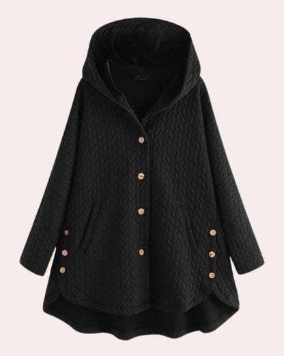 Schwarzer Damenmantel mit Kapuze, Knopfleiste und Taschen, elegantes Design, ideal für Herbst und Winter. Modischer, warmer Strickmantel.