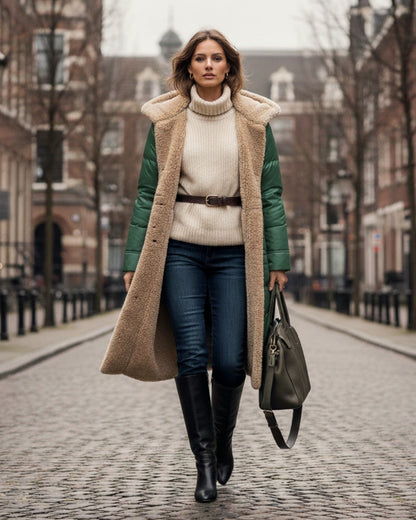 Frau in modischem Winteroutfit mit langem Mantel, Rollkragenpullover und Stiefeln, spaziert auf gepflasterter Straße in urbaner Umgebung.