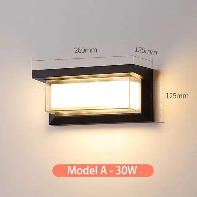 Moderne LED-Wandleuchte, 30W, rechteckig, schwarz, Maße: 260x125x125mm, energiesparend, warmweißes Licht, ideal für Innenbeleuchtung.