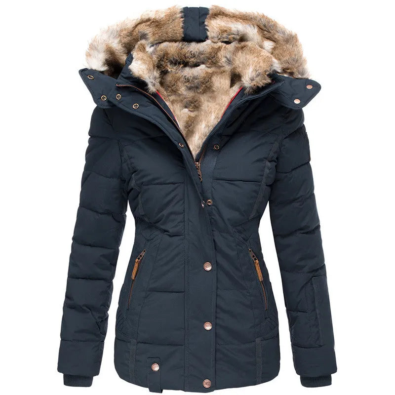 Damen Winterjacke mit Kapuze, schwarz, gefüttert mit Kunstfell, Reißverschlüsse und Druckknöpfe, warm, modisch, ideal für kalte Temperaturen.