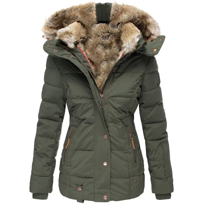 Damen Winterjacke mit Kapuze, olivgrün, gefüttert mit Kunstfell, gesteppte Optik, warm, modisch, ideal für kalte Temperaturen.