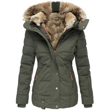 Damen Winterjacke mit Kapuze, olivgrün, gefüttert mit Kunstfell, gesteppte Optik, warm, modisch, ideal für kalte Temperaturen.
