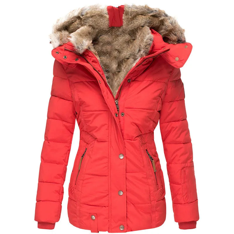 Rote Damen-Winterjacke mit Kapuze und Kunstfellfutter, gesteppte Optik, Reißverschluss und Druckknöpfe, ideal für kalte Temperaturen.