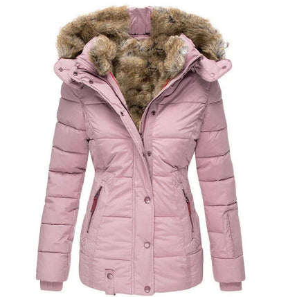 Damen Winterjacke rosa mit Kapuze und Kunstfell, gesteppte Daunenoptik, warm gefüttert, modisch, ideal für kalte Temperaturen.