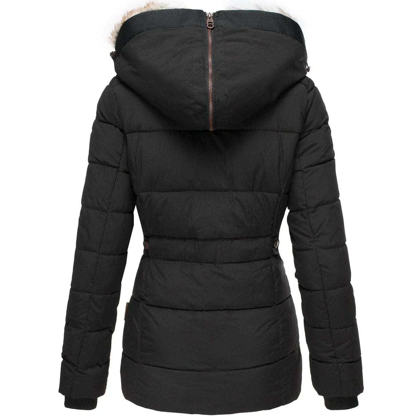 Schwarze Damen-Winterjacke mit Kapuze und Kunstfellbesatz, gesteppte Optik, Reißverschluss hinten, warm gefüttert, ideal für kalte Temperaturen.