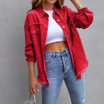 Damen Frühlings-Jeansjacke Mit Knopfverschluss Und Brusttaschen