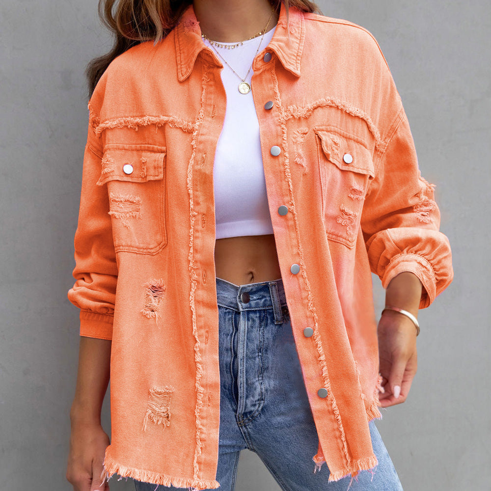 Damen Frühlings-Jeansjacke Mit Knopfverschluss Und Brusttaschen