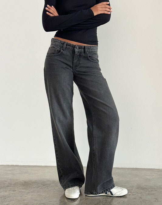 Damen Parallel Jeans Low Rise Gerade Beinform Gewaschenes Schwarz-Grau Fünf-Taschen-Design