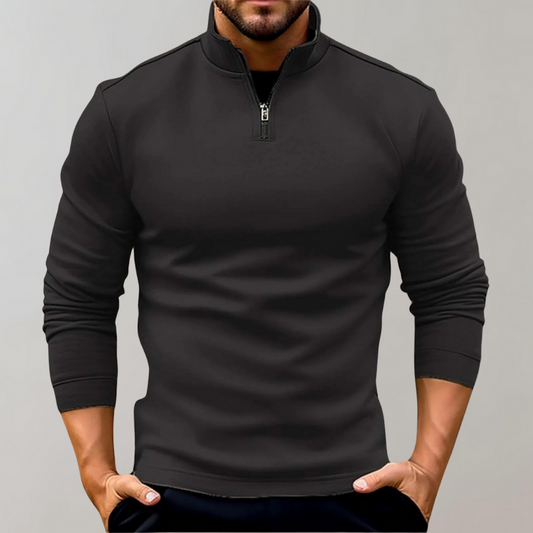 Schwarzer Herrenpullover mit Reißverschluss, langärmelig, modisch, lässig, ideal für Herbst und Winter. Perfekt für stilvolle Freizeitoutfits.