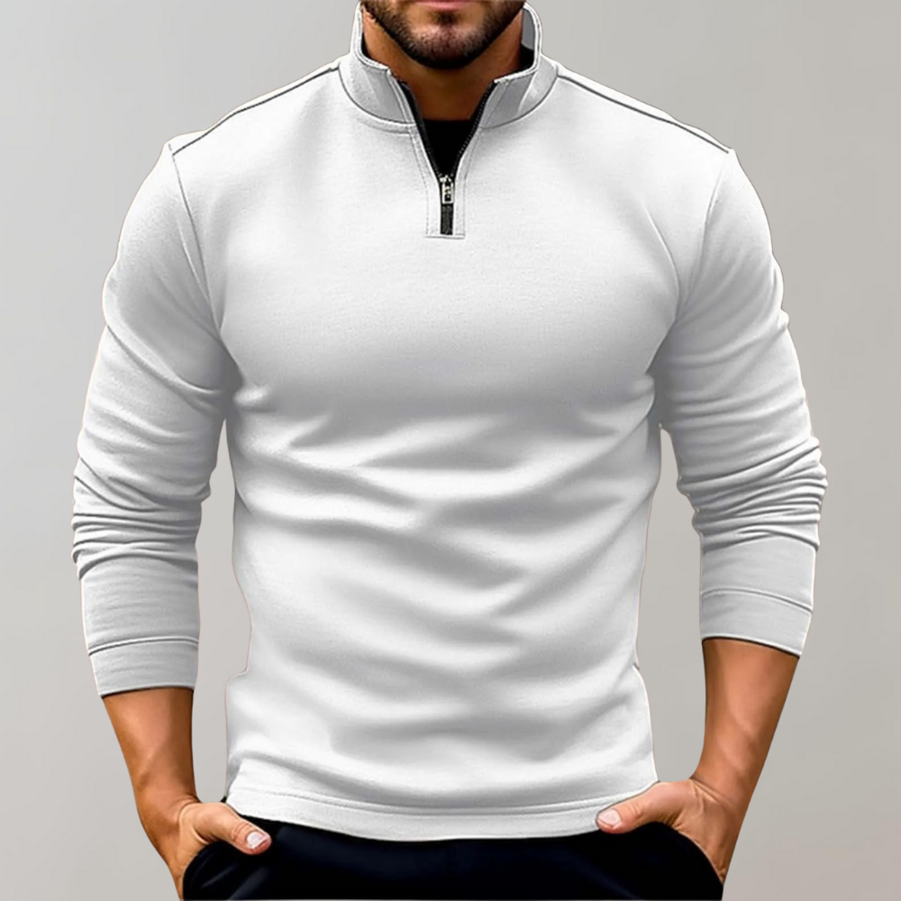 Weiße Herren-Sweatshirt mit Reißverschluss, Langarm, sportlich-elegant, ideal für Freizeit und Sport, modisches Design, bequem und stilvoll.