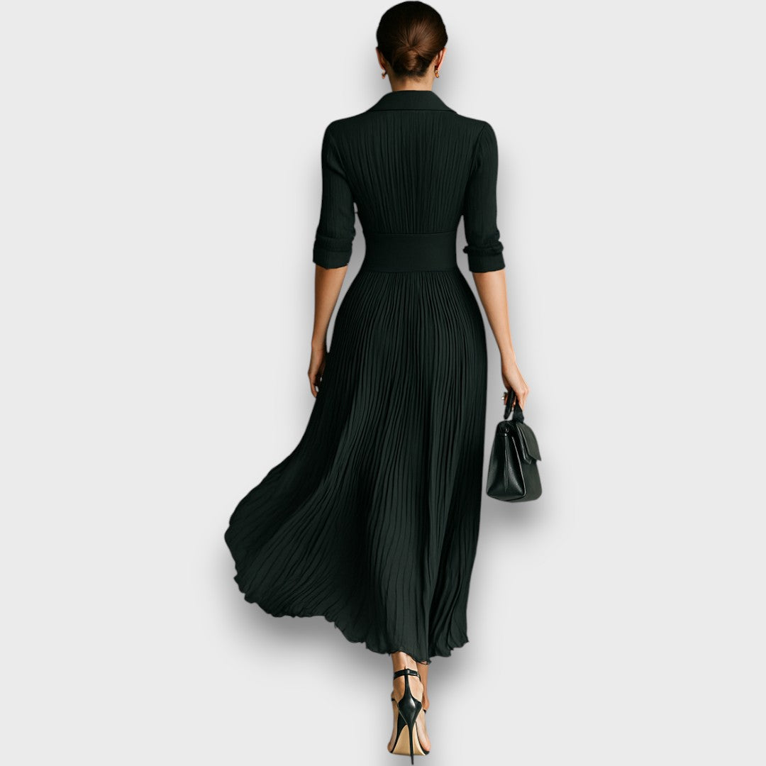 Damen-Maxikleid Mit Langen Ärmeln, Faltenrock, Wendekragen Und Knopfleiste