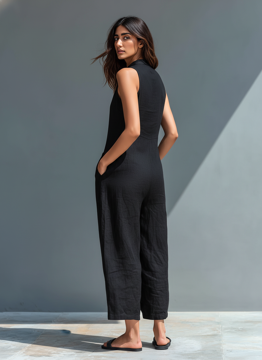 Damen Ärmelloser Jumpsuit mit Stehkragen – Knopfleiste Lockerer Schnitt