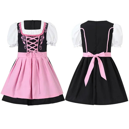 Mädchen Dirndl Kleid, rosa und schwarz, mit weißer Bluse und Schleife, traditionelles bayerisches Design, ideal für Oktoberfest und Trachtenfeste.