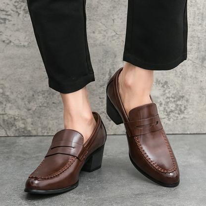 Men's Loafer Slip-On Design with Block Heel and Hand-Sewn Details