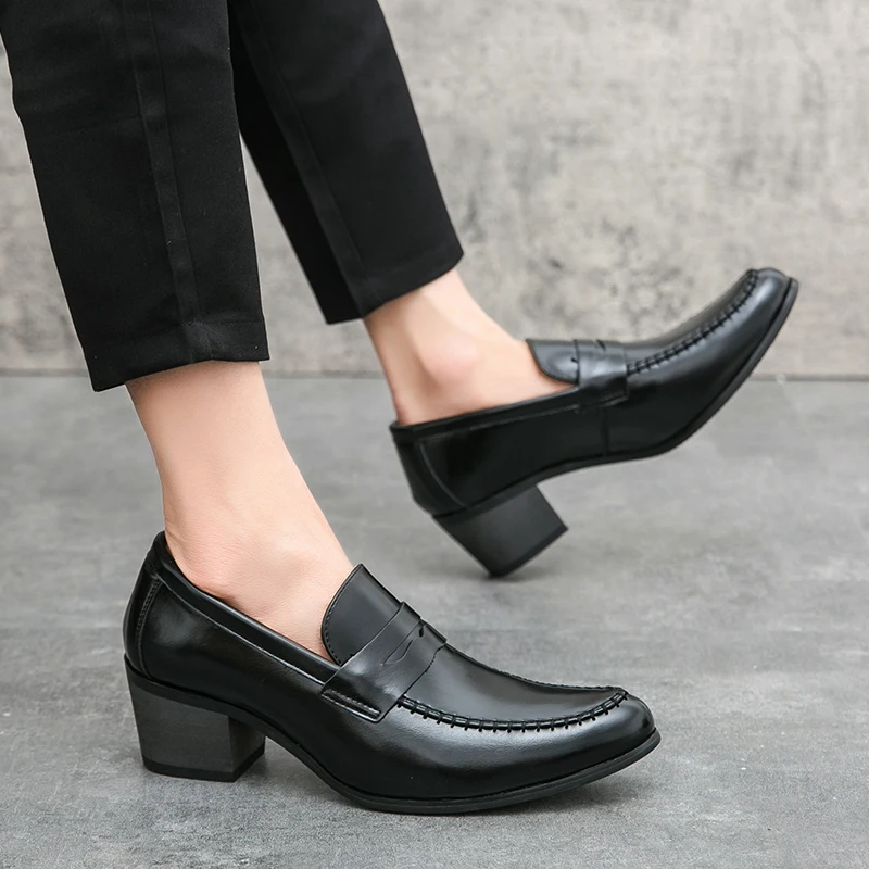 Men's Loafer Slip-On Design with Block Heel and Hand-Sewn Details