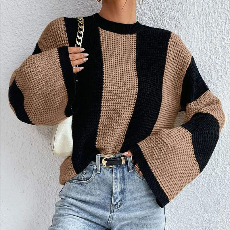 Women's Knit Sweater Crew Neck Dropped Shoulders Wide Sleeves Loose Fit – Everyday and Layering