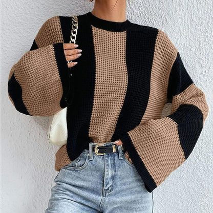 Women's Knit Sweater Crew Neck Dropped Shoulders Wide Sleeves Loose Fit – Everyday and Layering