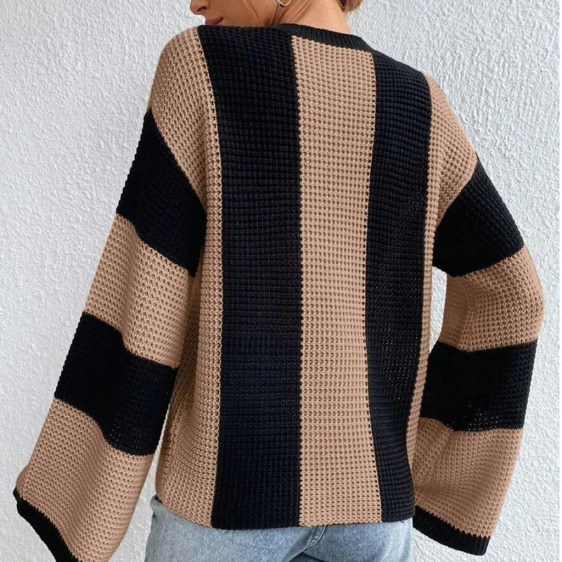 Women's Knit Sweater Crew Neck Dropped Shoulders Wide Sleeves Loose Fit – Everyday and Layering