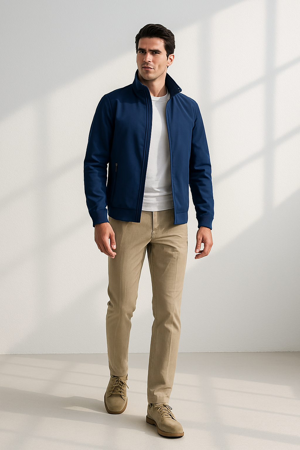 Mann in blauer Jacke und beiger Hose, steht vor weißem Hintergrund. Mode für Herren, lässiger Stil, Herbstbekleidung, moderne Herrenmode.