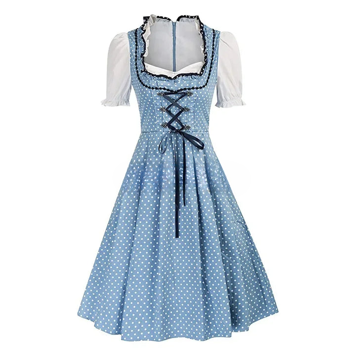 Blaues Dirndl mit weißen Punkten, Rüschen und Schnürung, traditionelles bayerisches Kleid, Oktoberfest Mode, Trachtenkleid für Damen.