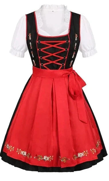 Rotes Dirndl mit schwarzem Mieder, weißer Bluse und floralen Stickereien. Traditionelle Tracht, ideal für Oktoberfest und bayerische Feste.