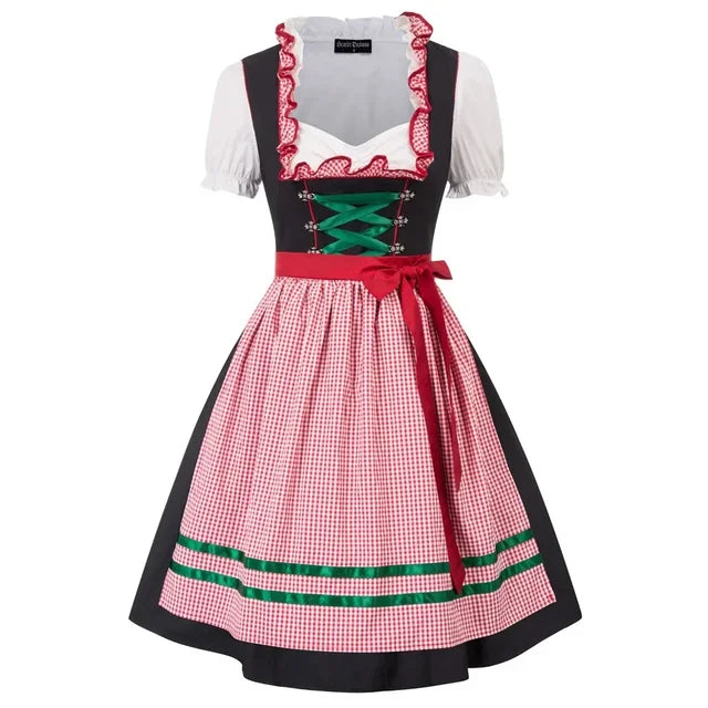 Traditionelles bayerisches Dirndlkleid mit rotem Karomuster, grüner Schnürung und roter Schleife, ideal für Oktoberfest und Trachtenfeste.