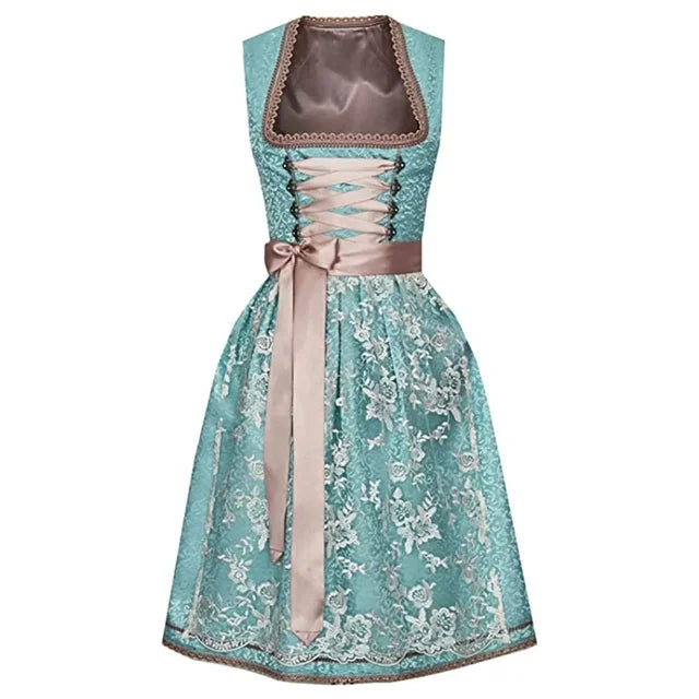 Türkises Dirndl mit braunem Mieder, Spitzenapplikationen und Schleife. Traditionelle Trachtenmode, ideal für Oktoberfest und Volksfeste.