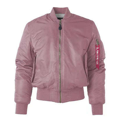 Rosa Bomberjacke mit Reißverschluss, geripptem Kragen und Ärmeltasche. Modische Damenjacke, ideal für Herbst und Frühling.