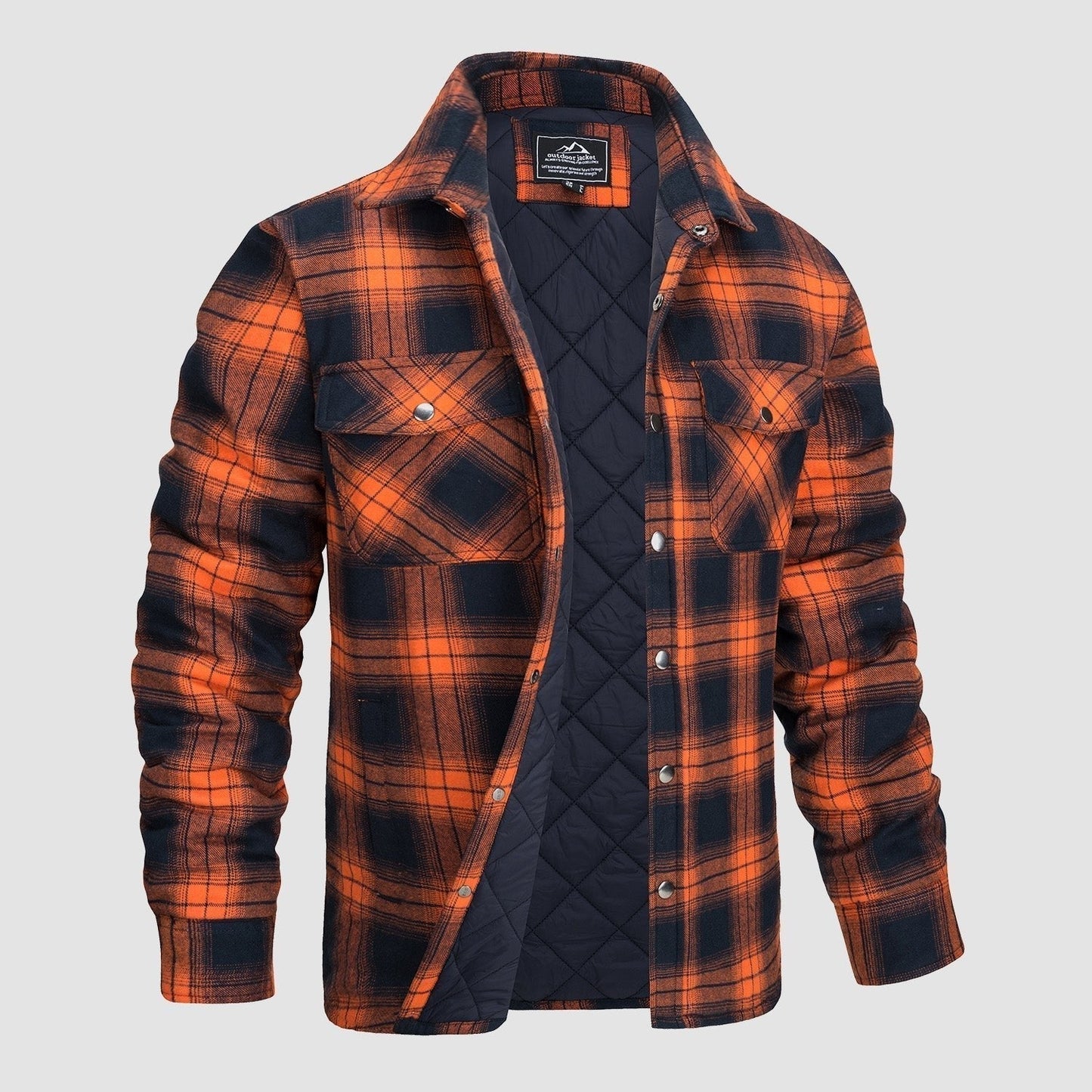 Orange-schwarzes kariertes Flanellhemd mit gestepptem Innenfutter, langen Ärmeln und Knopfleiste. Ideal für Herbstmode und Outdoor-Aktivitäten.