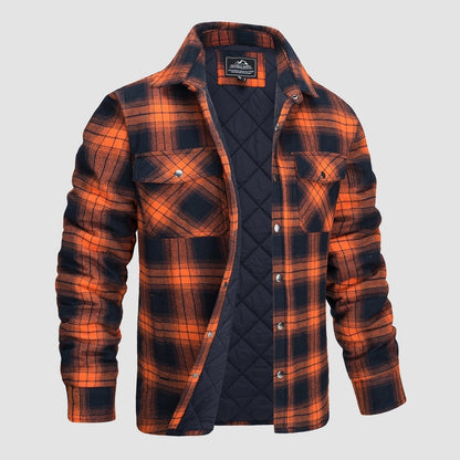 Orange-schwarzes kariertes Flanellhemd mit gestepptem Innenfutter, langen Ärmeln und Knopfleiste. Ideal für Herbstmode und Outdoor-Aktivitäten.