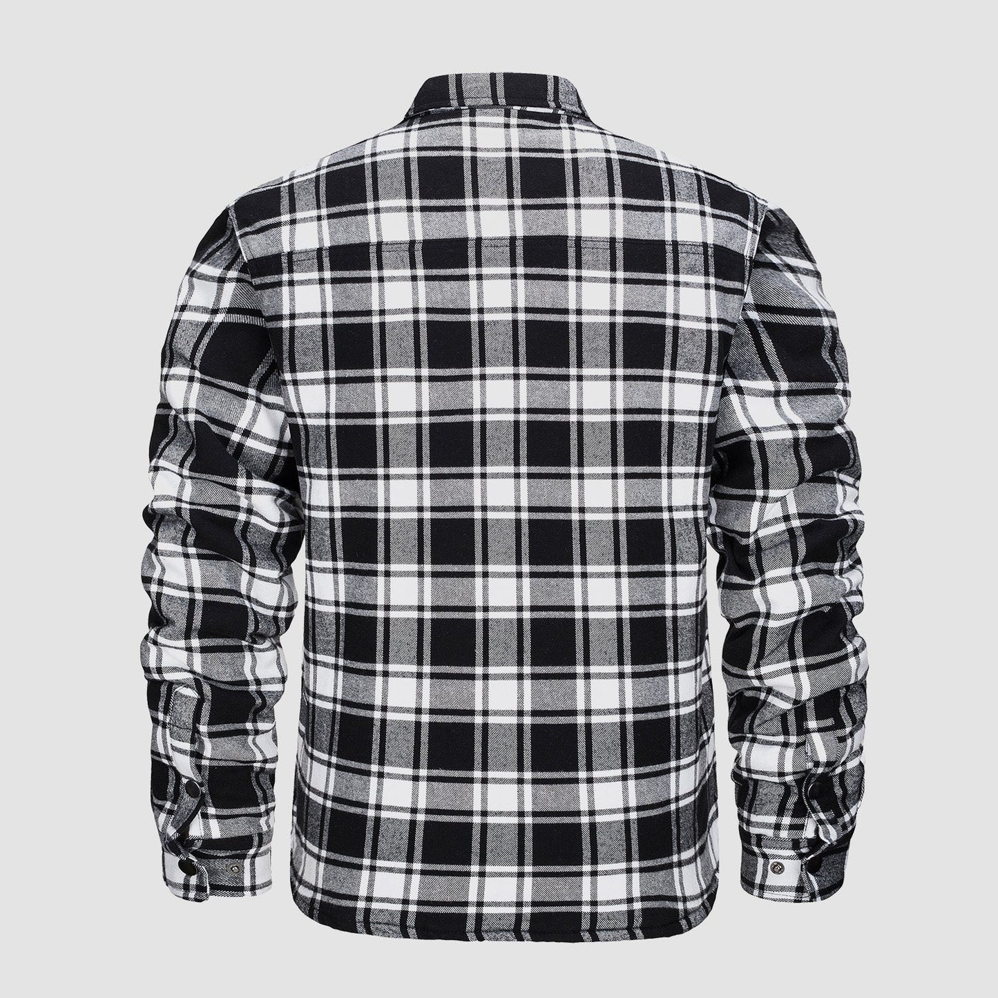 Schwarz-weiß kariertes Herrenhemd, Langarm, Rückansicht. Modisches Flanellhemd, ideal für Herbst und Winter. Bequeme Freizeitkleidung.