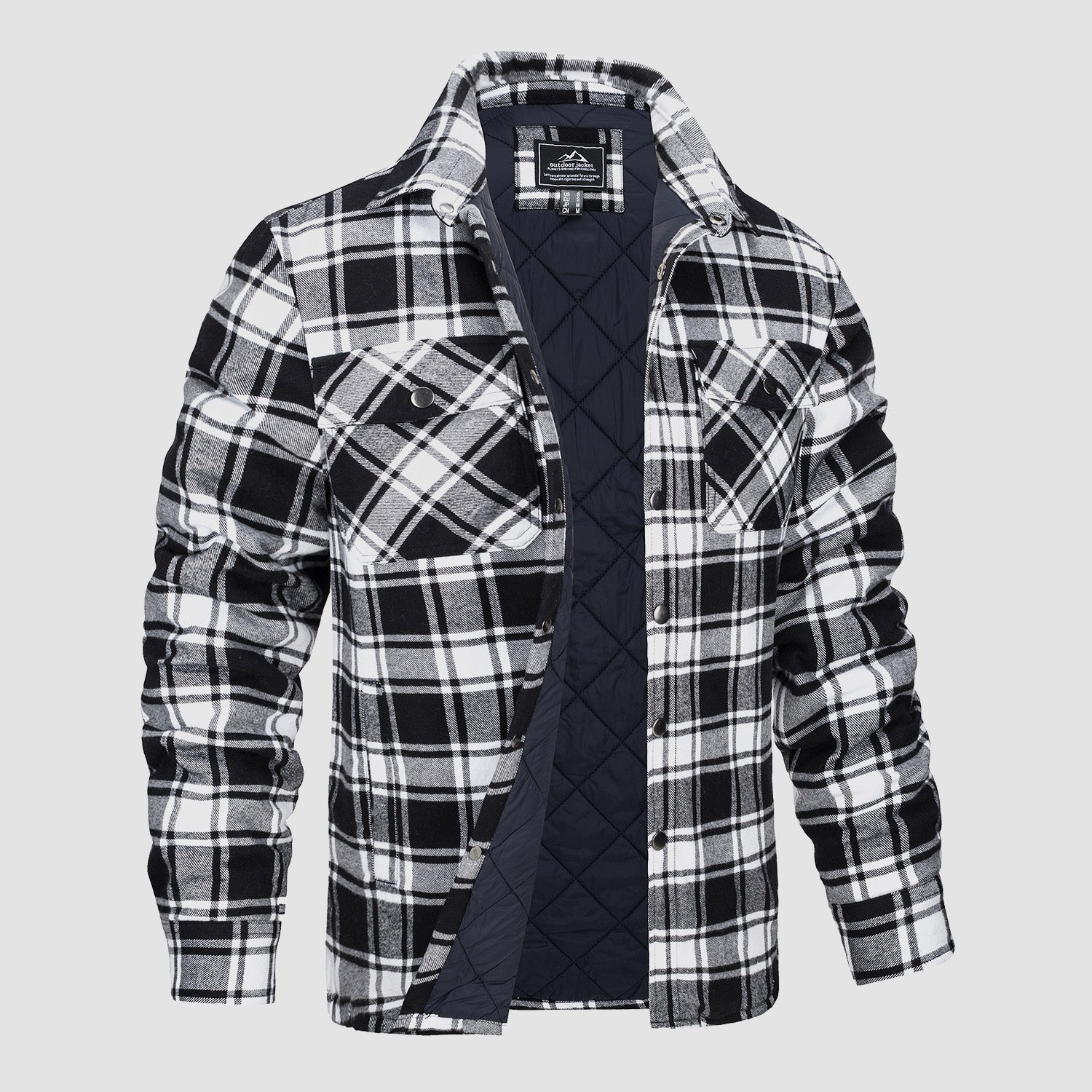 Schwarz-weiß karierte Herrenjacke mit gestepptem Innenfutter, zwei Brusttaschen und Knopfleiste. Perfekt für Herbstmode und Outdoor-Aktivitäten.