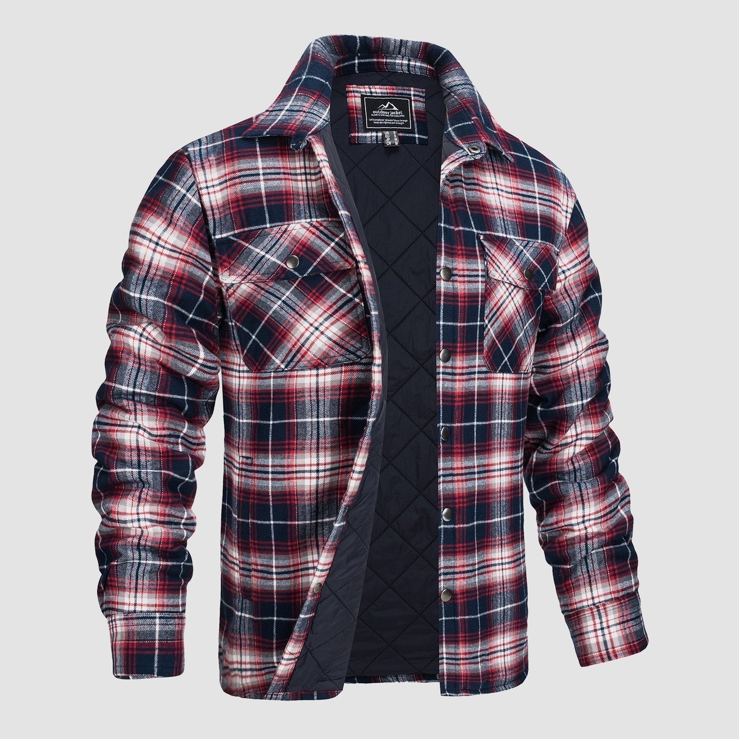 Kariertes Herrenhemd mit roten, weißen und blauen Karos, gefüttert und langärmelig. Perfekt für Herbstmode und Outdoor-Aktivitäten.