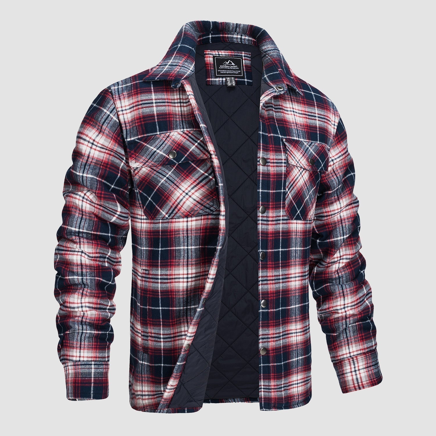 Kariertes Herrenhemd mit roten, weißen und blauen Karos, gefüttert und langärmelig. Perfekt für Herbstmode und Outdoor-Aktivitäten.