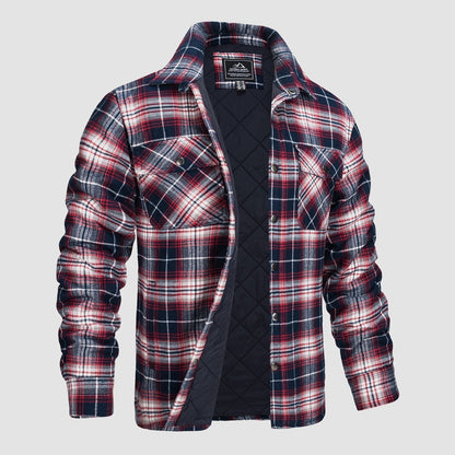 Kariertes Herrenhemd mit roten, weißen und blauen Karos, gefüttert und langärmelig. Perfekt für Herbstmode und Outdoor-Aktivitäten.