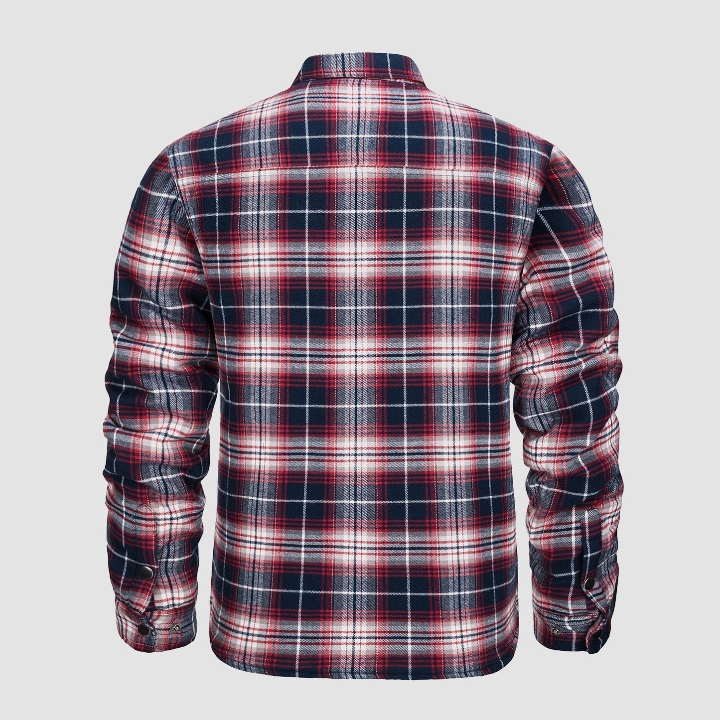 Rückansicht eines karierten Flanellhemds in Rot, Blau und Weiß auf grauem Hintergrund. Herrenmode, lässiger Stil, Langarmhemd.