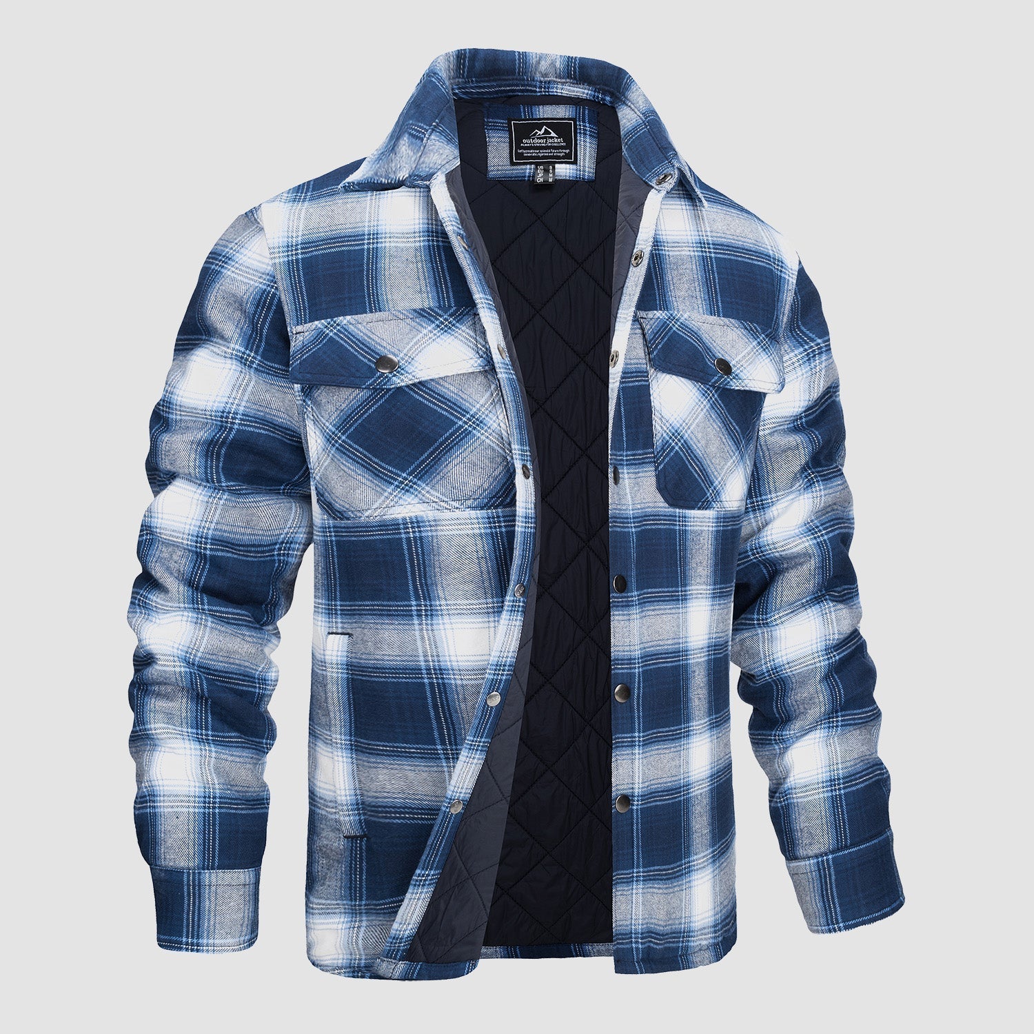 Blau-weiß kariertes Herrenhemd mit gestepptem Innenfutter, Langarm, Knopfleiste, zwei Brusttaschen. Ideal für Herbstmode und Outdoor-Aktivitäten.