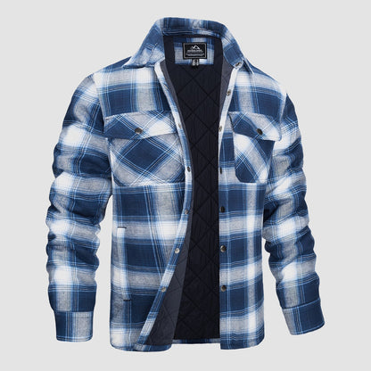 Blau-weiß kariertes Herrenhemd mit gestepptem Innenfutter, Langarm, Knopfleiste, zwei Brusttaschen. Ideal für Herbstmode und Outdoor-Aktivitäten.